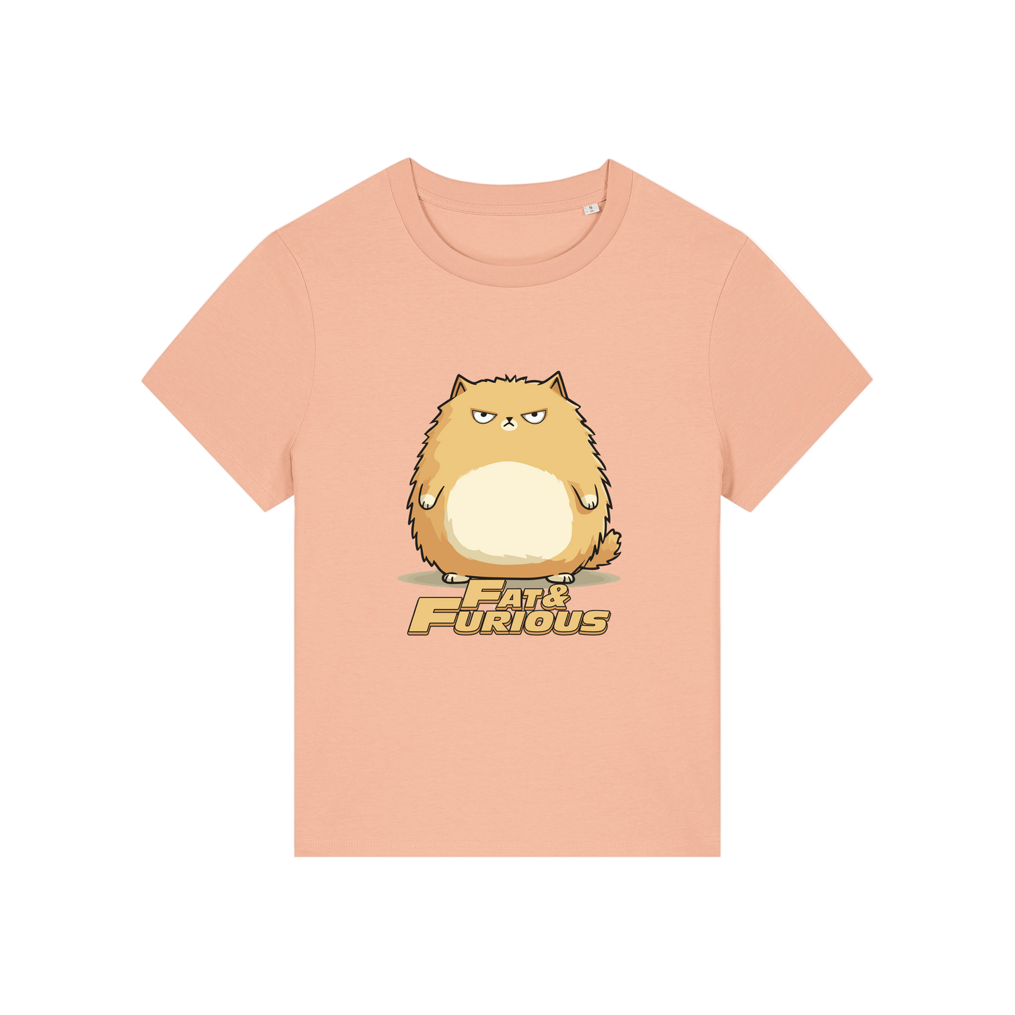 peach funny animal t-shirt with the graphic of a cartoon cat and the slogan 'fat and furious'