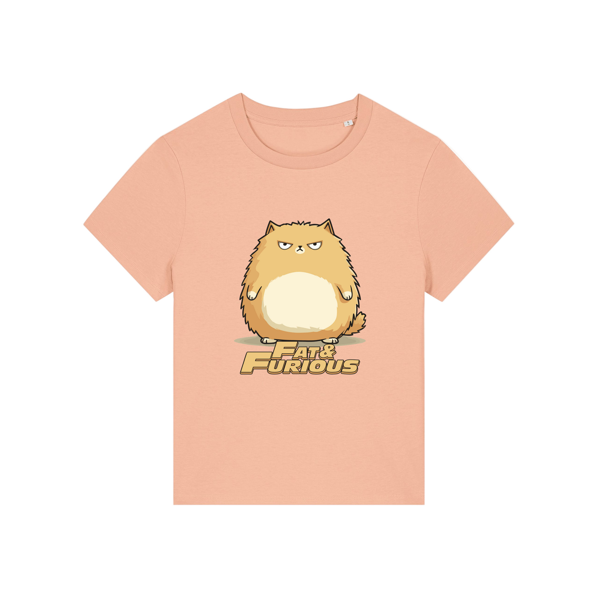peach funny animal t-shirt with the graphic of a cartoon cat and the slogan 'fat and furious'