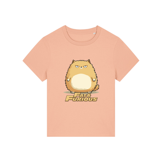 peach funny animal t-shirt with the graphic of a cartoon cat and the slogan 'fat and furious'