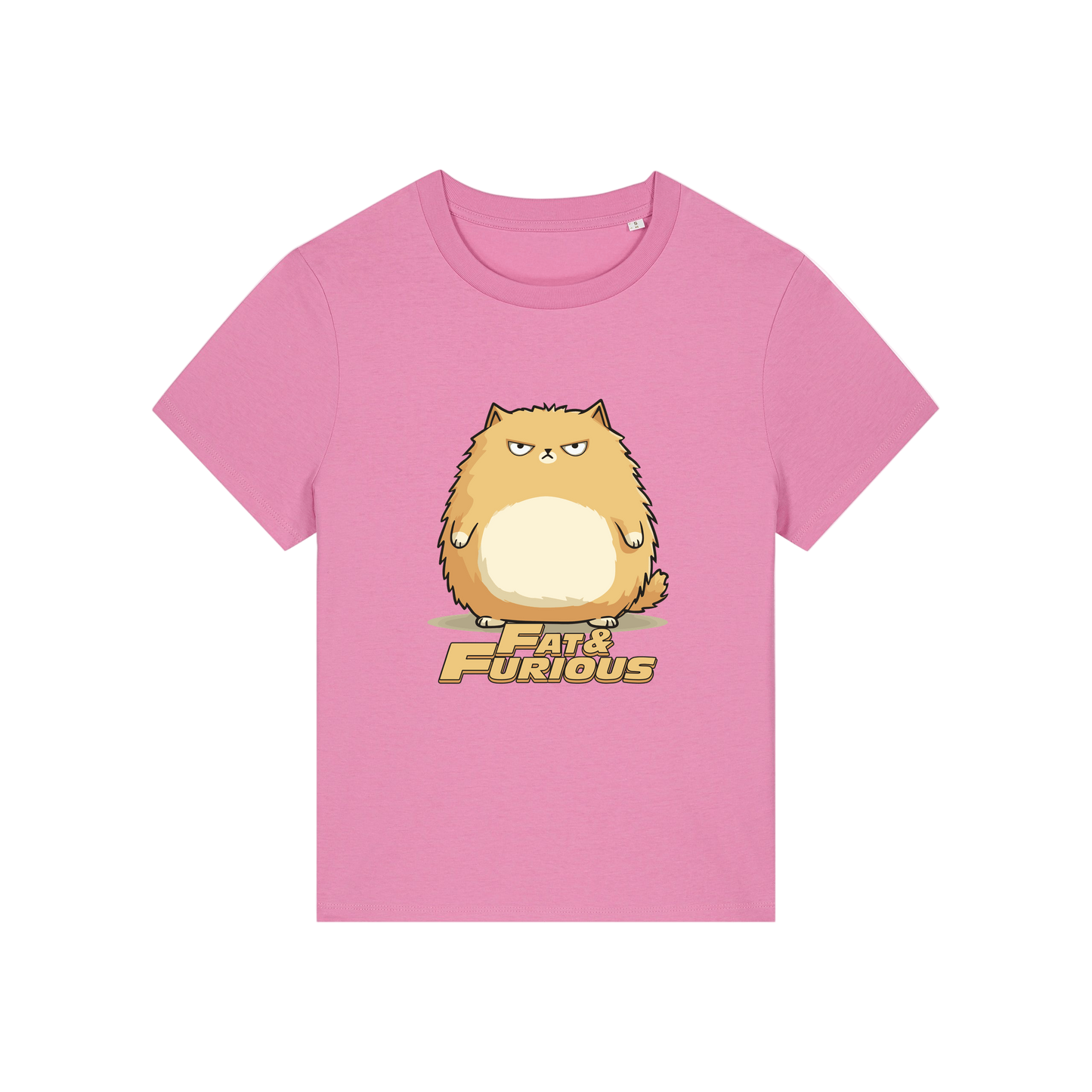pink funny animal t-shirt with the graphic of a cartoon cat and the slogan 'fat and furious'