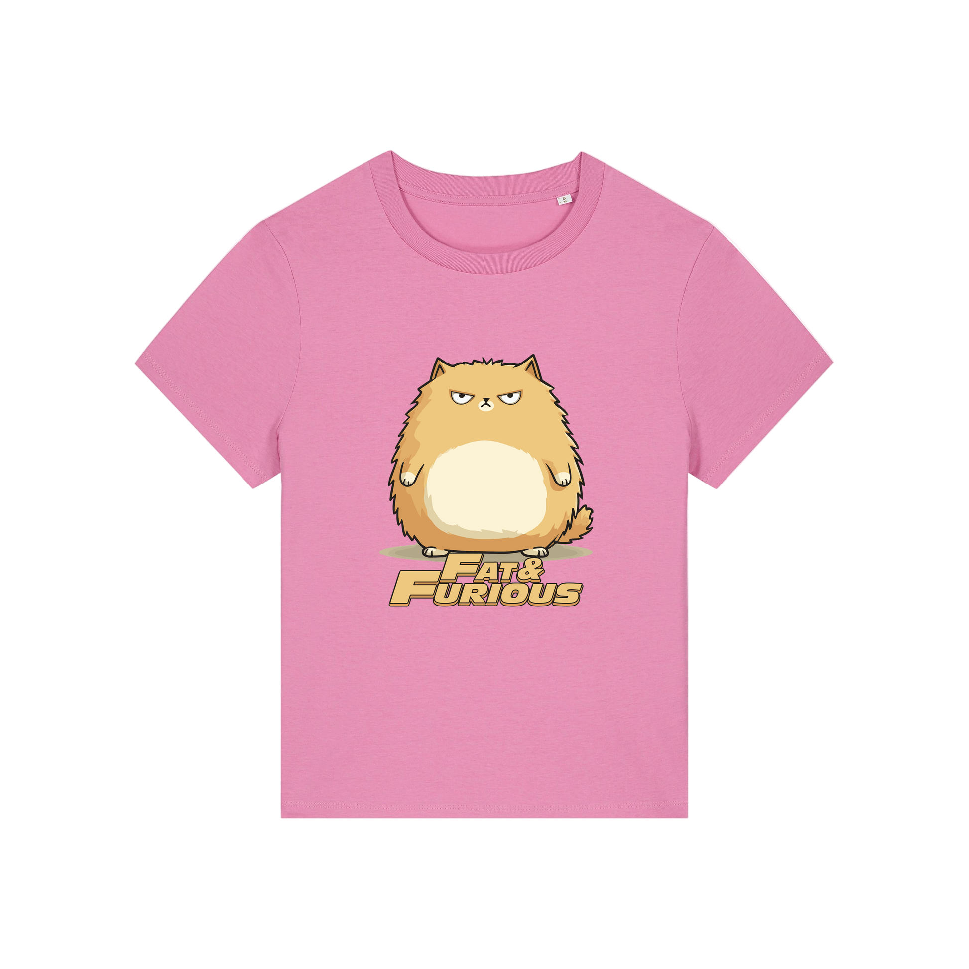 pink funny animal t-shirt with the graphic of a cartoon cat and the slogan 'fat and furious'