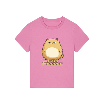 pink funny animal t-shirt with the graphic of a cartoon cat and the slogan 'fat and furious'