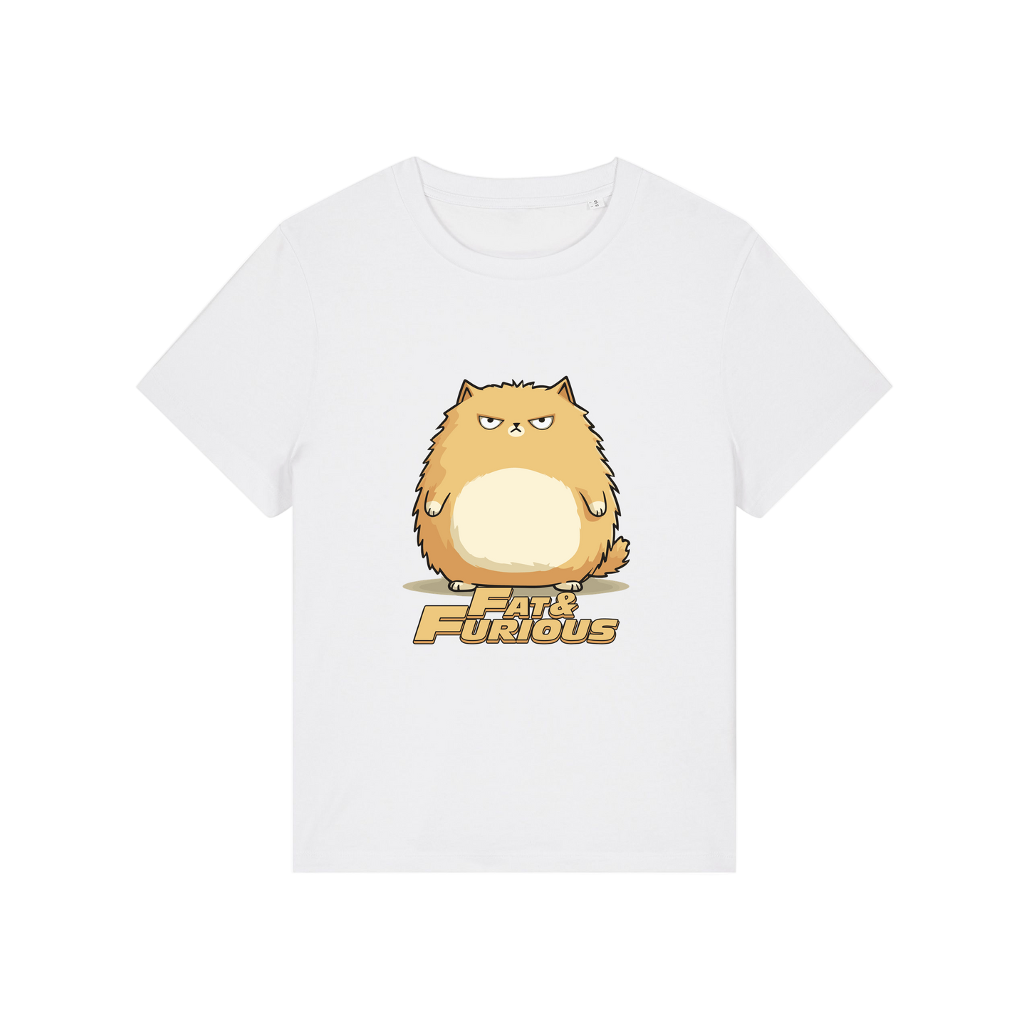white funny animal t-shirt with the graphic of a cartoon cat and the slogan 'fat and furious'