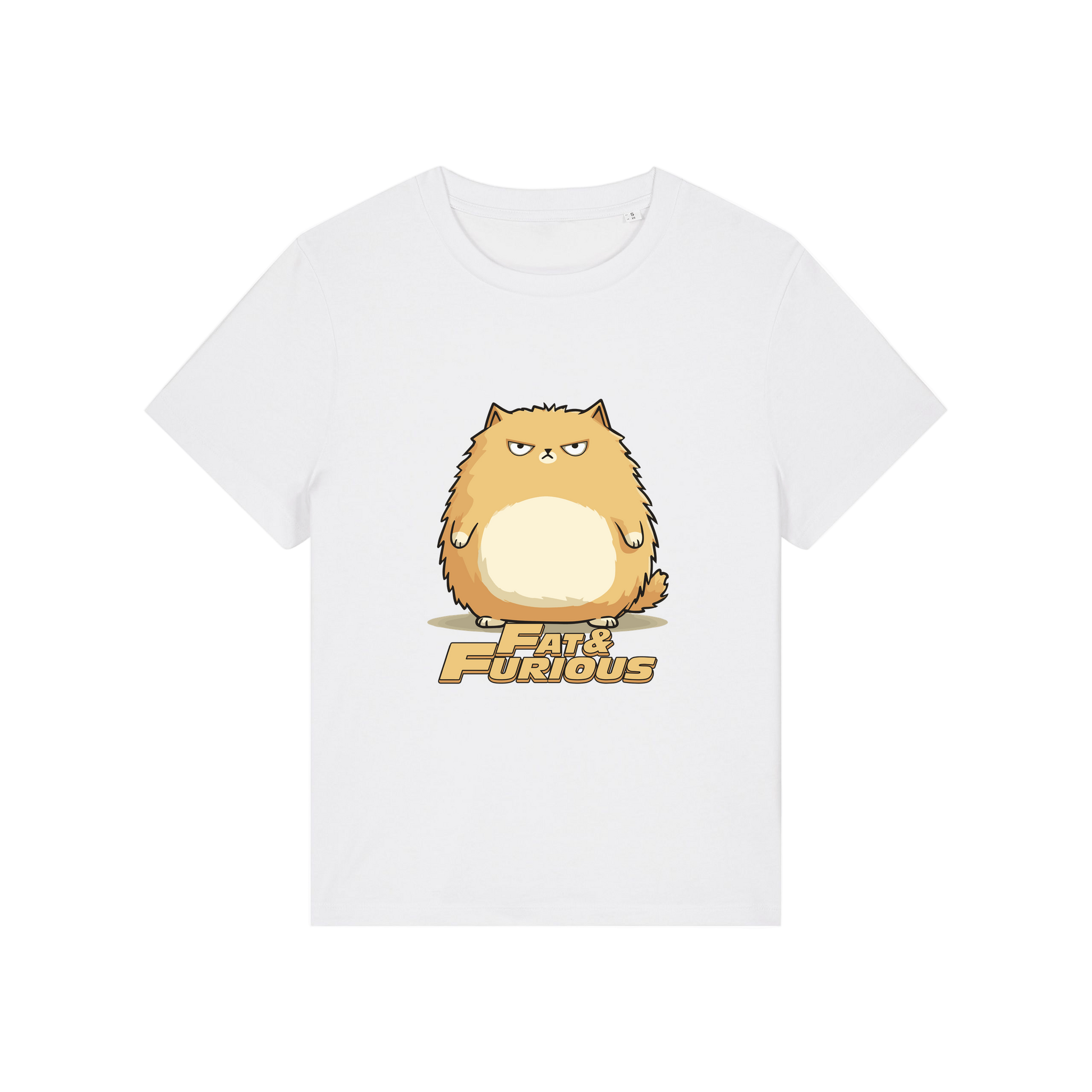 white funny animal t-shirt with the graphic of a cartoon cat and the slogan 'fat and furious'