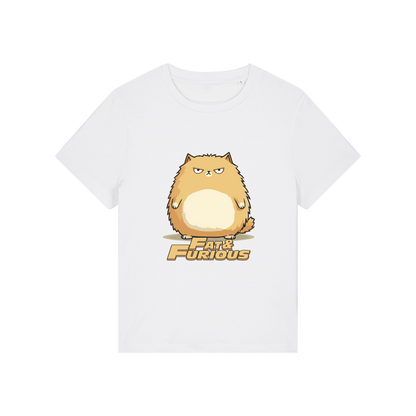 white funny animal t-shirt with the graphic of a cartoon cat and the slogan 'fat and furious'