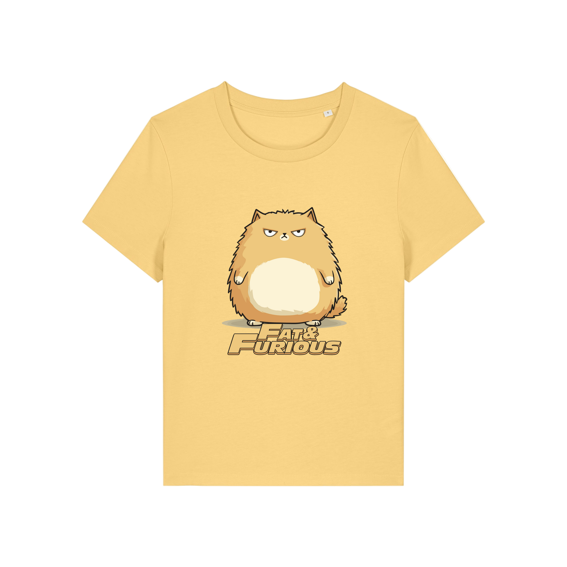 yellow funny animal t-shirt with the graphic of a cartoon cat and the slogan 'fat and furious'
