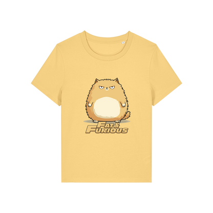 yellow funny animal t-shirt with the graphic of a cartoon cat and the slogan 'fat and furious'