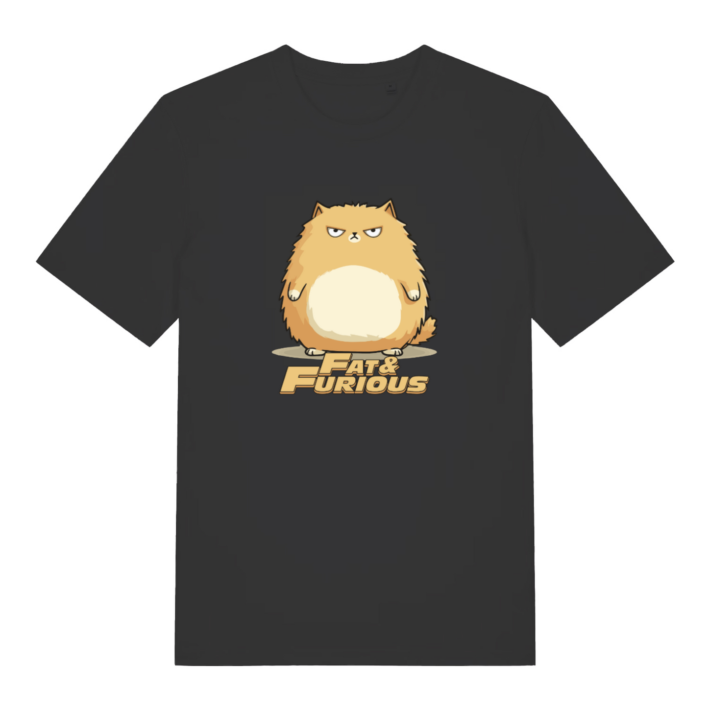 black cat t-shirt with the graphic of a fat cat and the slogan 'fat and furious'