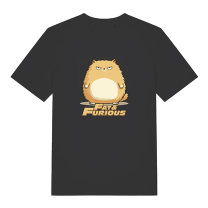 black cat t-shirt with the graphic of a fat cat and the slogan 'fat and furious'