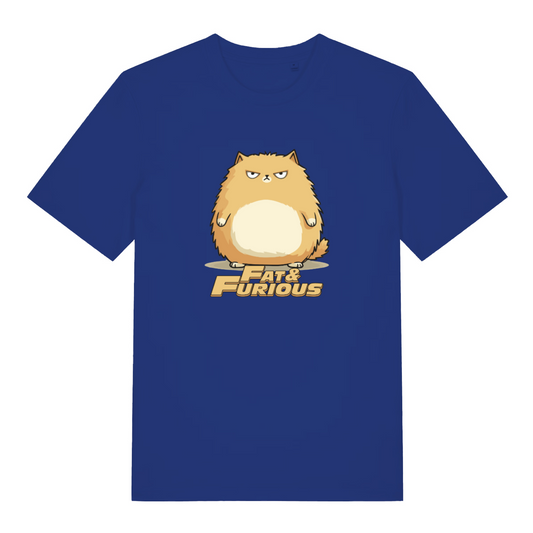 blue cat t-shirt with the graphic of a fat cat and the slogan 'fat and furious'