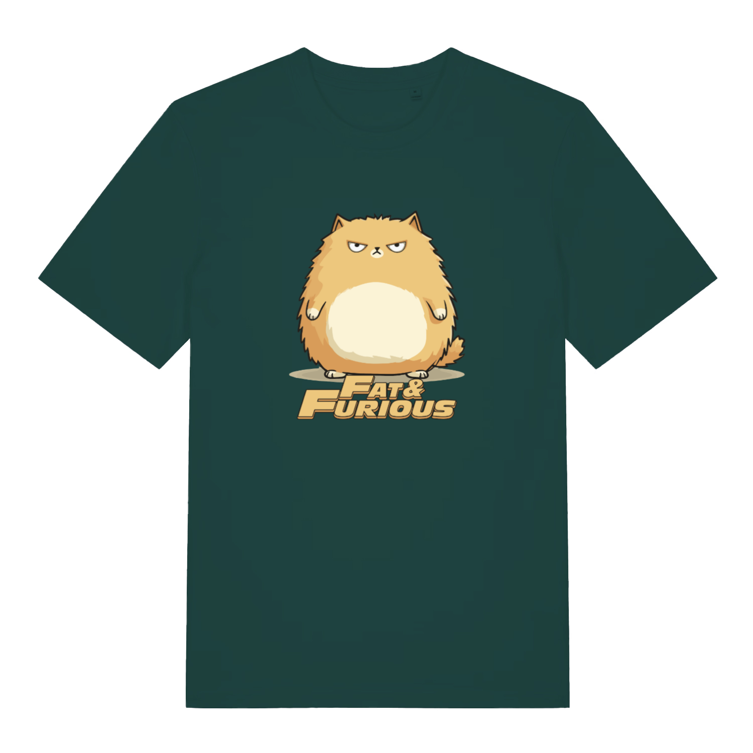 green cat t-shirt with the graphic of a fat cat and the slogan 'fat and furious'