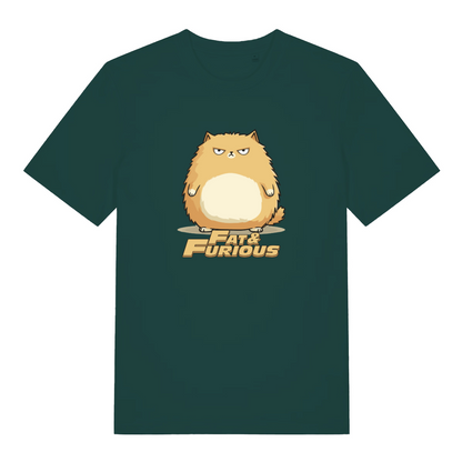 green cat t-shirt with the graphic of a fat cat and the slogan 'fat and furious'