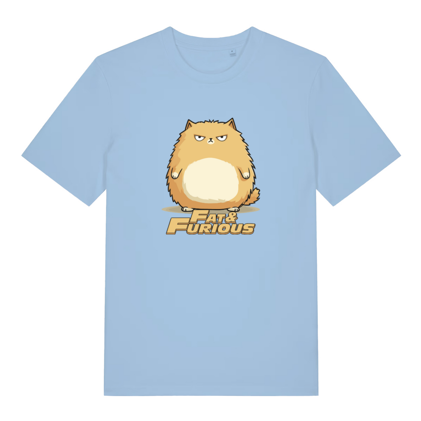 light blue cat t-shirt with the graphic of a fat cat and the slogan 'fat and furious'