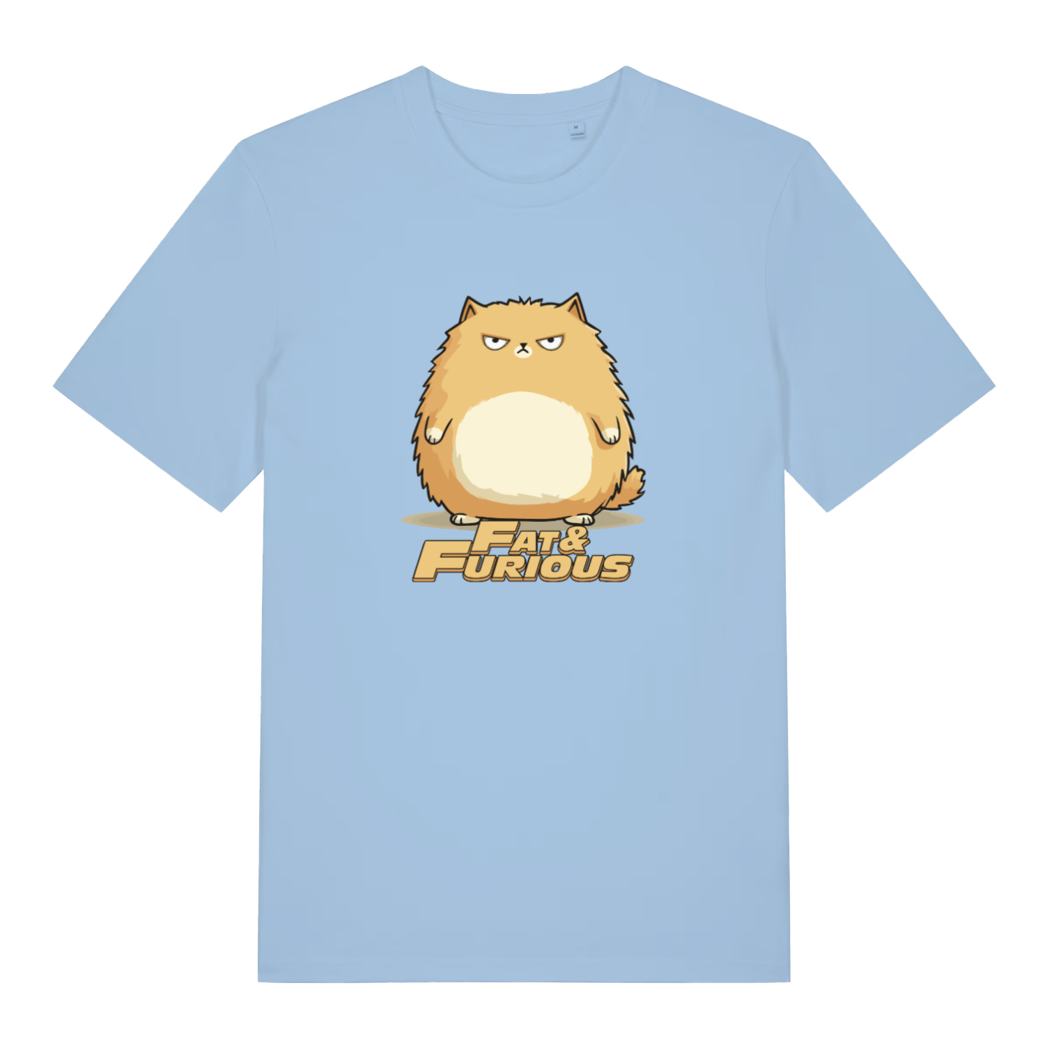 light blue cat t-shirt with the graphic of a fat cat and the slogan 'fat and furious'