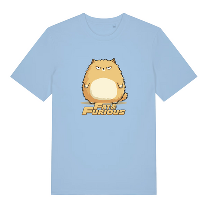 light blue cat t-shirt with the graphic of a fat cat and the slogan 'fat and furious'