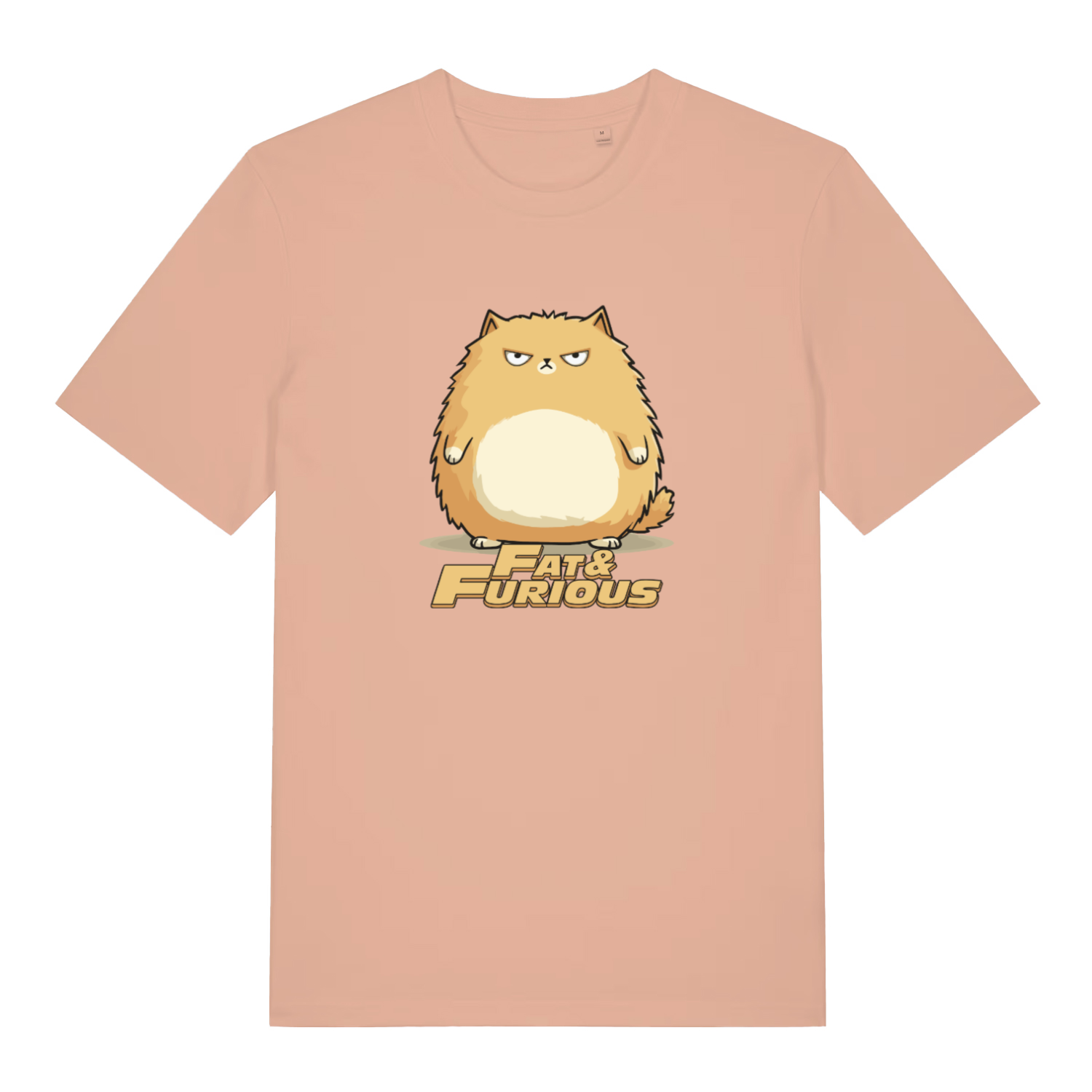 peach cat t-shirt with the graphic of a fat cat and the slogan 'fat and furious'
