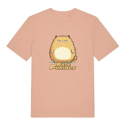 peach cat t-shirt with the graphic of a fat cat and the slogan 'fat and furious'