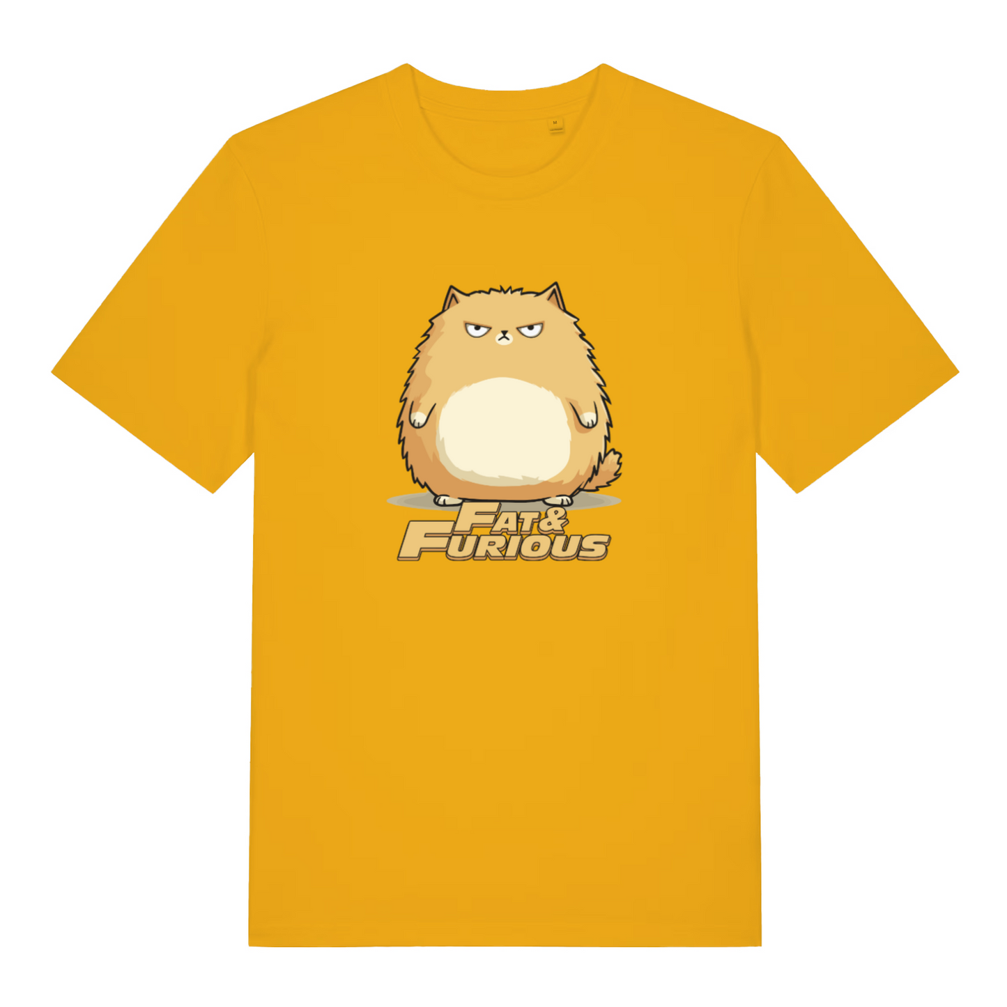 yellow cat t-shirt with the graphic of a fat cat and the slogan 'fat and furious'