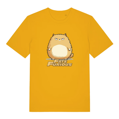 yellow cat t-shirt with the graphic of a fat cat and the slogan 'fat and furious'