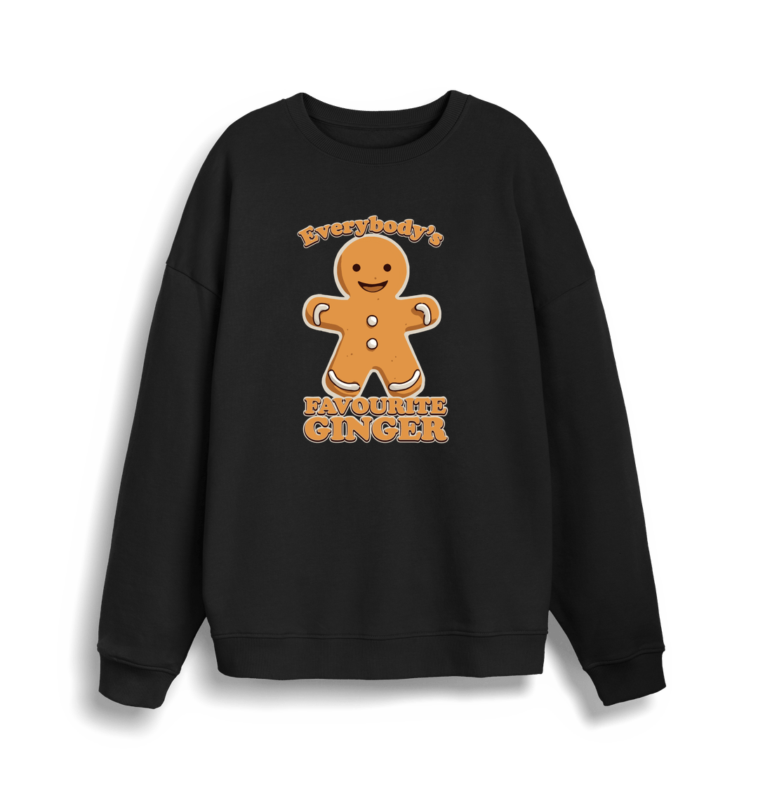 black christmas sweater with the graphic of a gingerbread man and the slogan 'everybody's favourite ginger'