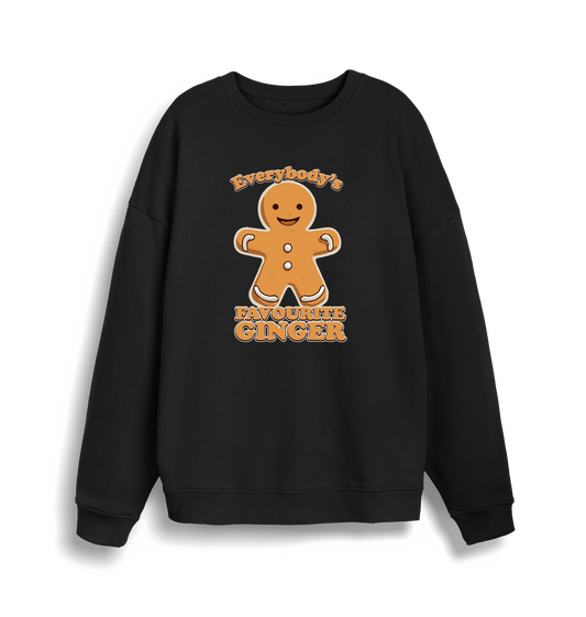 black christmas sweater with the graphic of a gingerbread man and the slogan 'everybody's favourite ginger'
