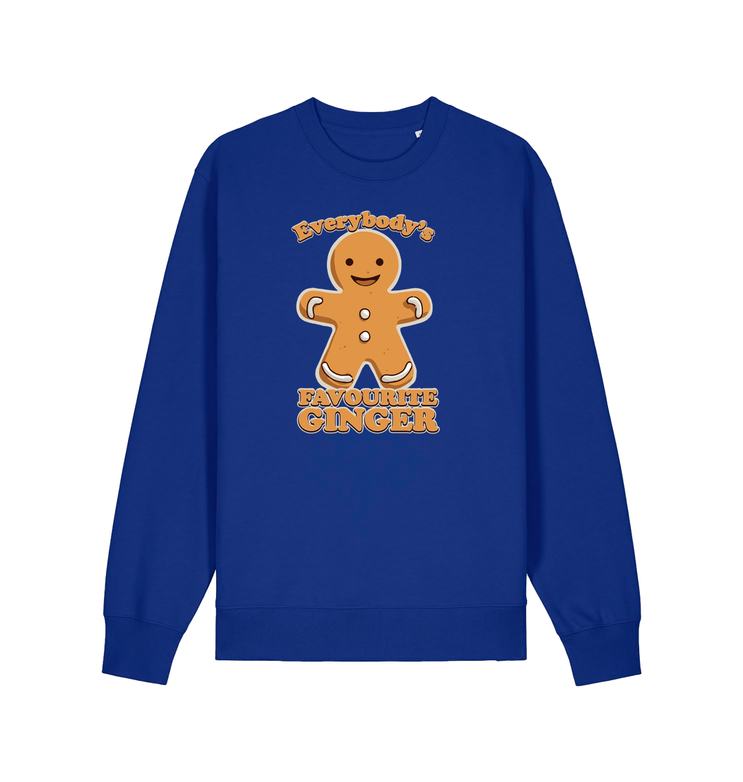 blue christmas sweater with the graphic of a gingerbread man and the slogan 'everybody's favourite ginger'