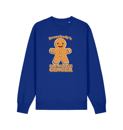 blue christmas sweater with the graphic of a gingerbread man and the slogan 'everybody's favourite ginger'