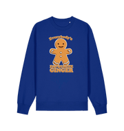 blue christmas sweater with the graphic of a gingerbread man and the slogan 'everybody's favourite ginger'