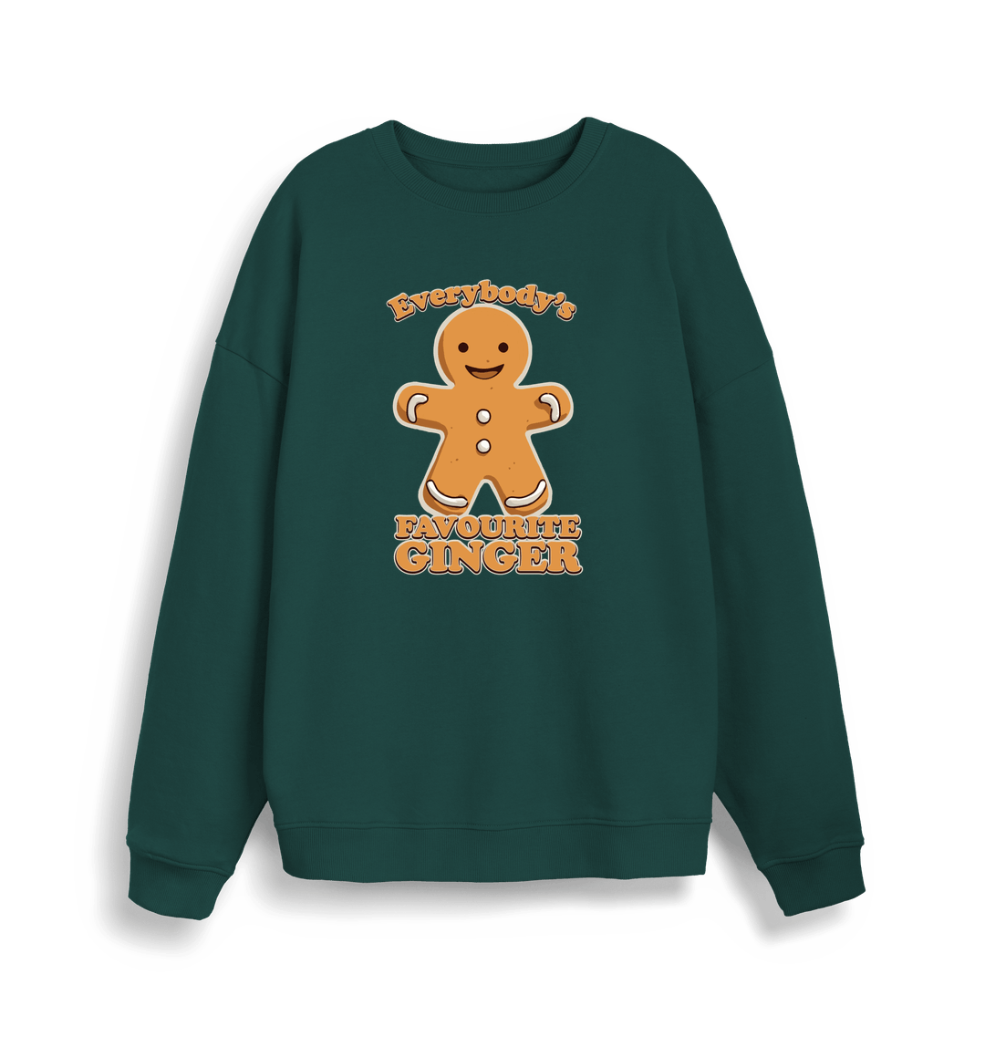 green christmas sweater with the graphic of a gingerbread man and the slogan 'everybody's favourite ginger'
