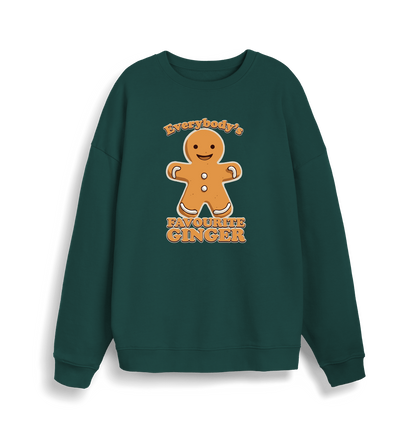 green christmas sweater with the graphic of a gingerbread man and the slogan 'everybody's favourite ginger'