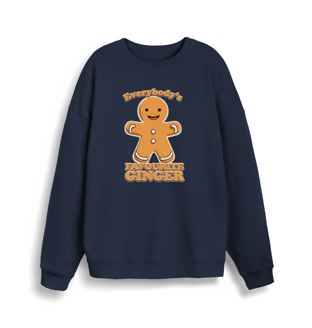 navy christmas sweater with the graphic of a gingerbread man and the slogan 'everybody's favourite ginger'