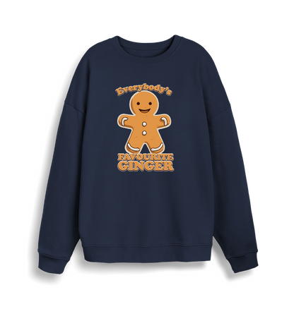 navy christmas sweater with the graphic of a gingerbread man and the slogan 'everybody's favourite ginger'