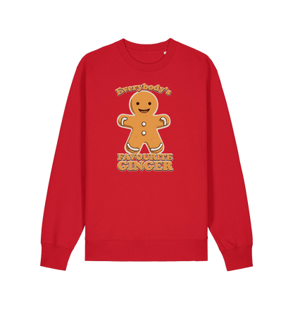 red christmas sweater with the graphic of a gingerbread man and the slogan 'everybody's favourite ginger'
