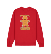 red christmas sweater with the graphic of a gingerbread man and the slogan 'everybody's favourite ginger'