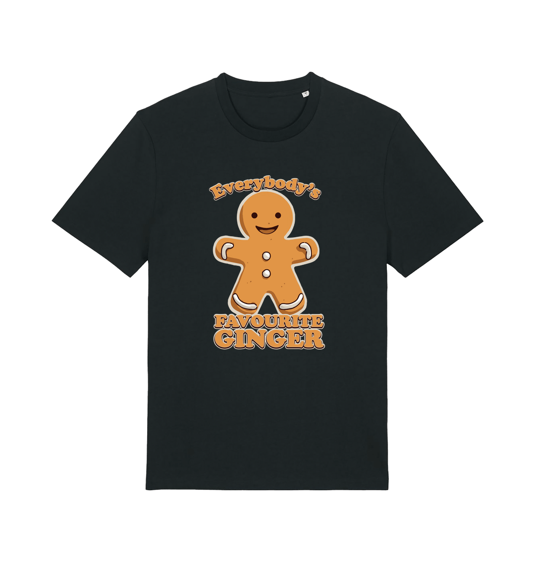 black christmas t-shirt with the graphic of a gingerbread man and the slogan 'everybodys favourite ginger'