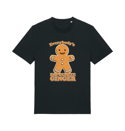 black christmas t-shirt with the graphic of a gingerbread man and the slogan 'everybodys favourite ginger'