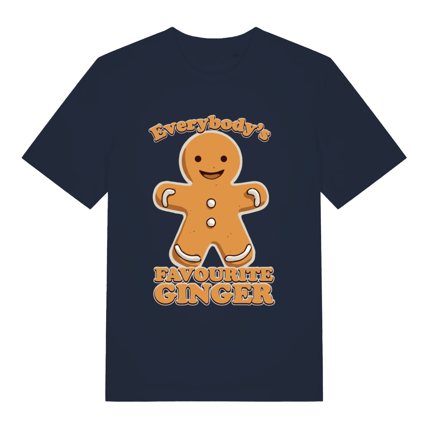 French Navy Everybody's Favourite Ginger T-shirt flat lay featuring cute festive gingerbread design