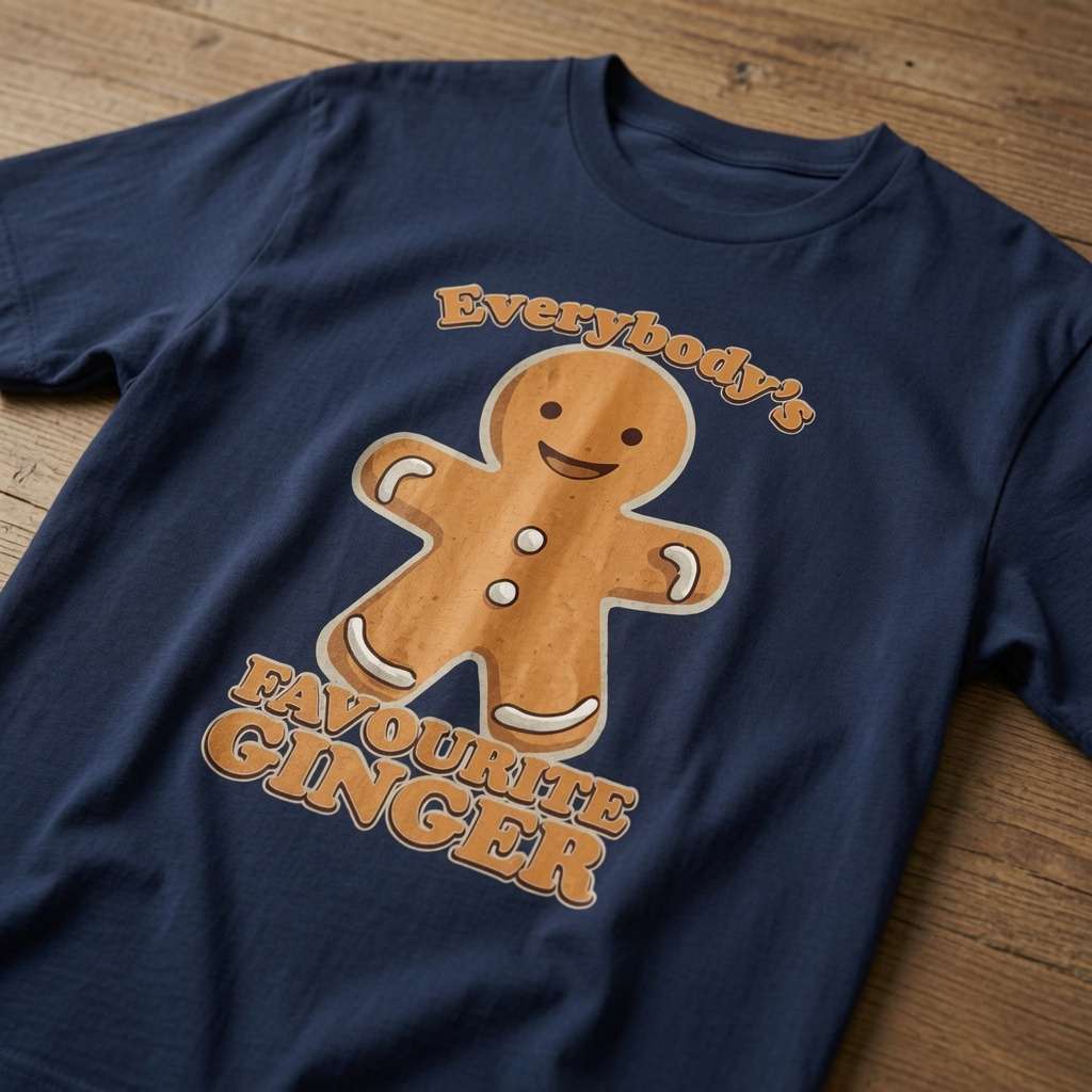 French navy Everybody’s Favourite Ginger t-shirt on wood featuring smiling gingerbread man, witty fun graphic