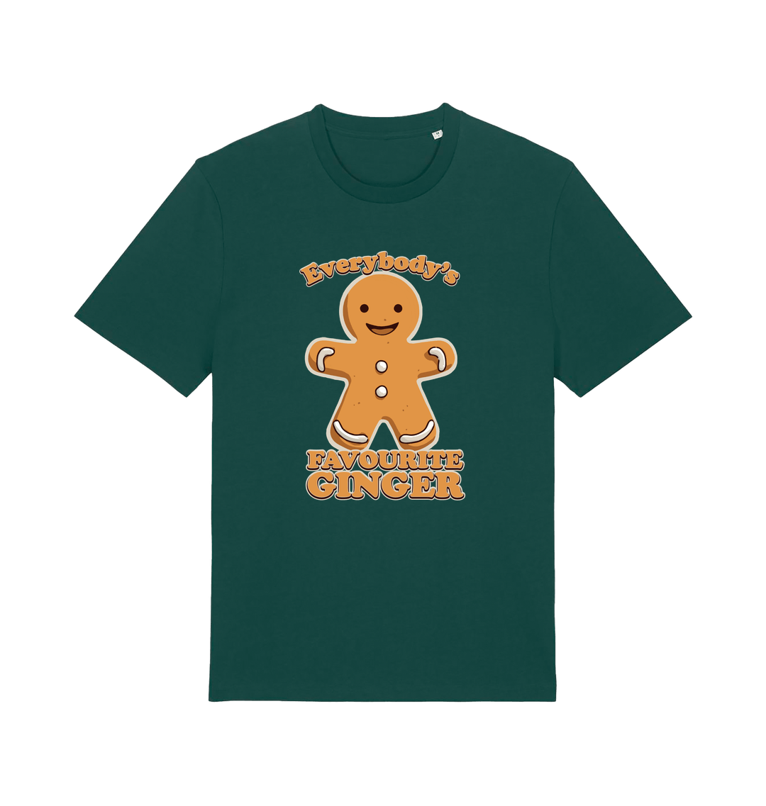 green christmas t-shirt with the graphic of a gingerbread man and the slogan 'everybodys favourite ginger'