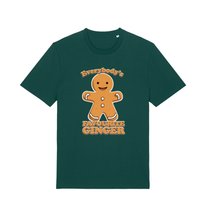 green christmas t-shirt with the graphic of a gingerbread man and the slogan 'everybodys favourite ginger'