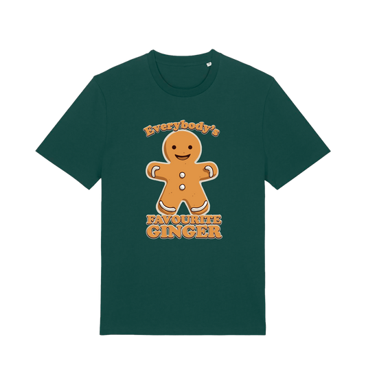 green christmas t-shirt with the graphic of a gingerbread man and the slogan 'everybodys favourite ginger'