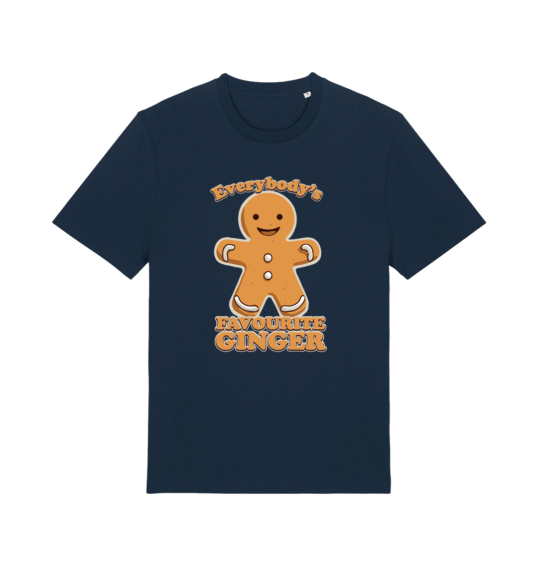 navy christmas t-shirt with the graphic of a gingerbread man and the slogan 'everybodys favourite ginger'