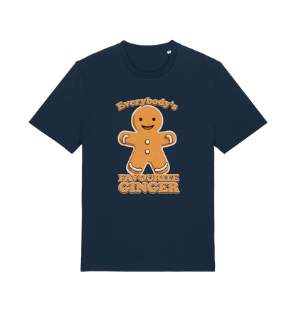 navy christmas t-shirt with the graphic of a gingerbread man and the slogan 'everybodys favourite ginger'