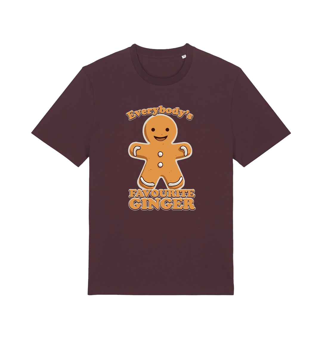 red brown christmas t-shirt with the graphic of a gingerbread man and the slogan 'everybodys favourite ginger'