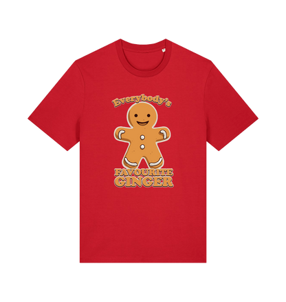 red christmas t-shirt with the graphic of a gingerbread man and the slogan 'everybodys favourite ginger'