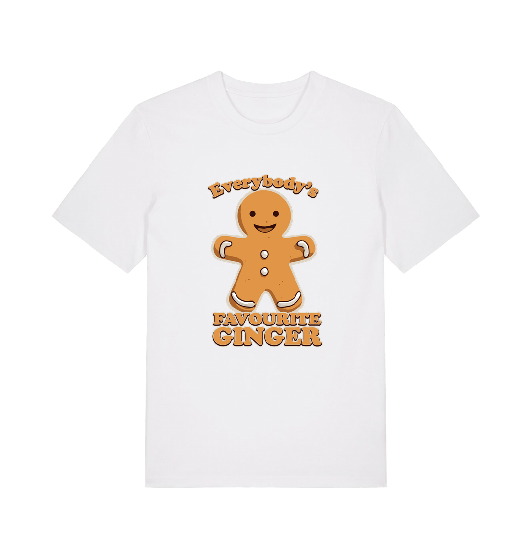 white christmas t-shirt with the graphic of a gingerbread man and the slogan 'everybodys favourite ginger'