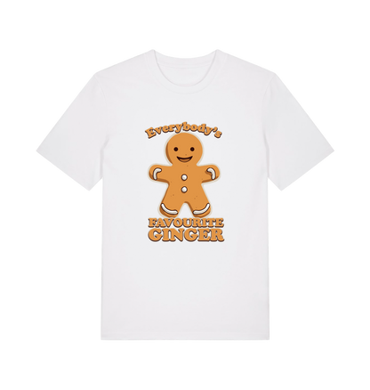 white christmas t-shirt with the graphic of a gingerbread man and the slogan 'everybodys favourite ginger'