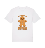 white christmas t-shirt with the graphic of a gingerbread man and the slogan 'everybodys favourite ginger'