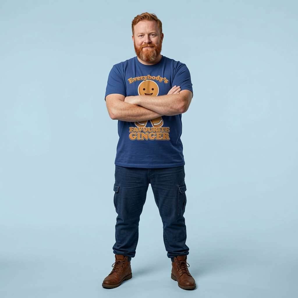 Red-haired bearded man with arms crossed in worker blue Everybody’s Favourite Ginger t-shirt, fun witty xmas graphic