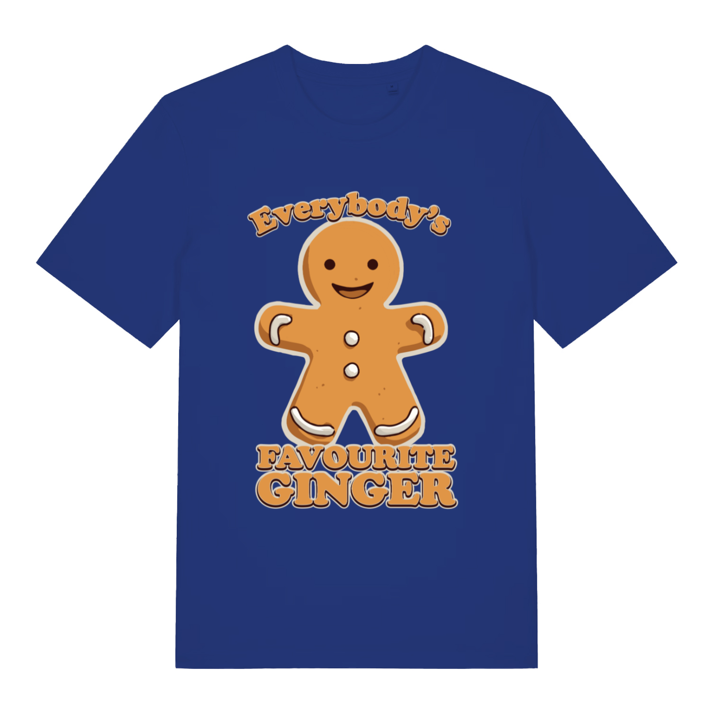 Worker Blue Everybody's Favourite Ginger T-shirt flat lay with cheerful gingerbread man Christmas graphic